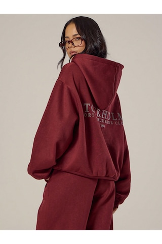 Macklin Unisex Kadın Erkek Stockholm Baskılı Oversize 3 Iplik Kapüşonlu Sweatshirt Ve Baggy Eşofman Altı Bordo