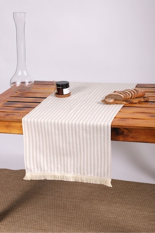 Dnc Home Tekstil Ndchome Keten Çizgili Püsküllü Runer Masa Örtüsü Açık Kahverengi 45 x 150