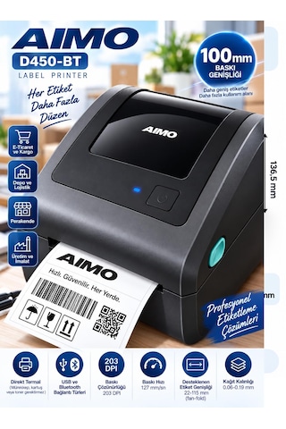 Aimo D450-bt Bluetooth Termal Etiket Yazıcı 203 Dpı 150 Mm/sn Barkod Ve Qr Kod Usb Yazıcısı