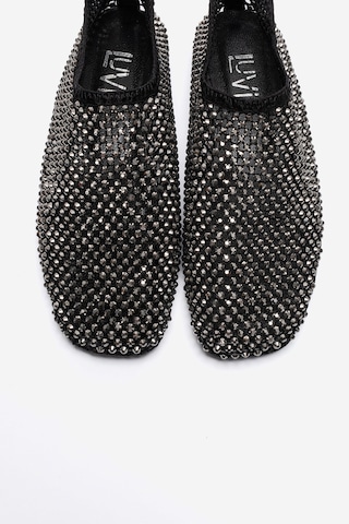 Luvishoes Urela Siyah Örgü Taşlı Hakiki Deri Kadın Babet Ayakkabı