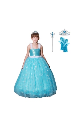 Butikhappykids Prenses Elsa Askılı Kostüm Taç Asa Eldiven 1 - 12 Yaş Mavi