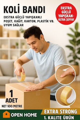 Open Home 100 Metre Şeffaf Koli Bandı Extra Strong 40 Micron Kalınlık, Güçlü Yapışkan Diğer