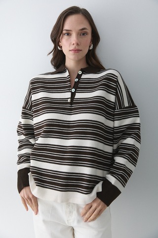 Koyu Kahve - Krem İki Renkli Çizgili Kazak - 251140 Kahverengi