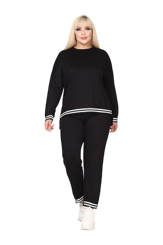 Melsay Butik Siyah Bisiklet Yaka Yakası Şerit Detaylı Eşofman Takımı Siyah