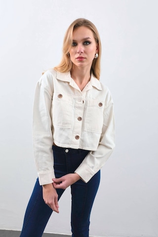 Kadın Ekru Crop Kesim Jean Ceket ekru