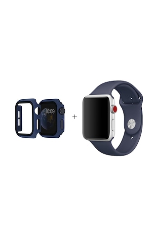 Apple Watch Uyumlu Se 1.2.3.4.5.6 Nesil 40 Mm M/l Beden Gece Mavi Silikon Kordon+kasa Koruyucu