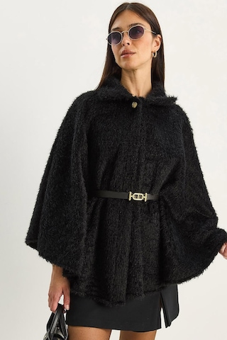 Shade Kadın Tek Düğmeli Beli Kemerli Sakallı Yumoş Panço 60282034 - Siyah