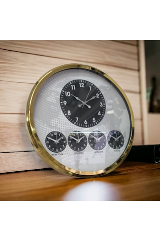 Dünya Saatleri Otel Duvar Saati Metal Gold Çerçeve Çap 52 Cm Altın