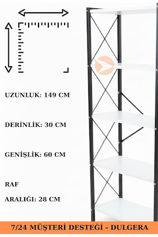 5 Raflı Metal Kitaplık Şık Tasarımlı Çalışma Odası Rafı, Çok Amaçlı Raf Beyaz