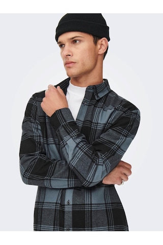 22022446 Only & Sons Onssoll Ls Check Shirt Erkek Gömlek Dark Sla Mavi - Siyah