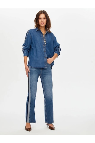 Faik Sönmez Kontrast Bant Detaylı Wide Leg Fıt Kadın Jean Pantolon W26jpn004 İndigo