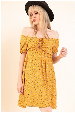 Aqe Fashion Kadın Hardal Önü Büzgülü Beli Lastikli Elbise Hardal