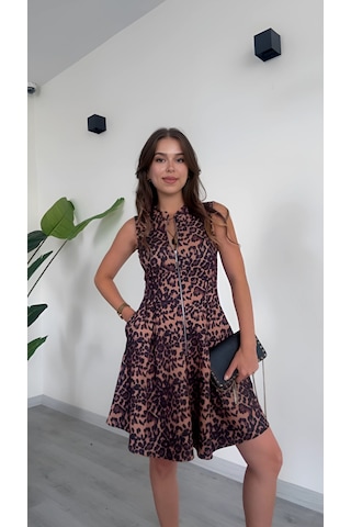 Şamdan Leopar Desenli Fermuarlı Elbise - Şıklığın Yeni Tanımı - Leopar