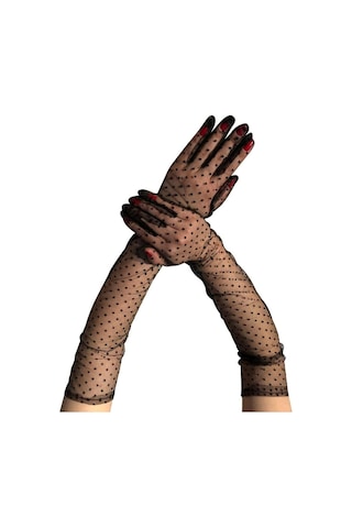 Uzun Boy Siyah Puantiyeli Siyah Renk Yetişkin Tül Eldiven 55 Cm Çok Renkli