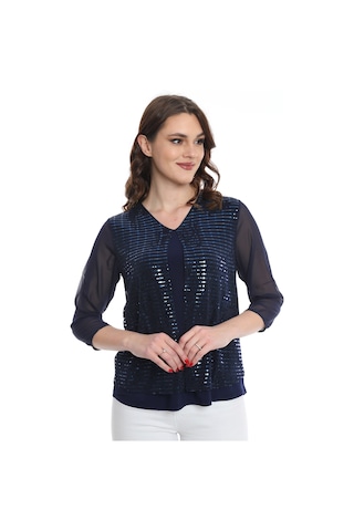 Ella Camelia Kadın Kolları Tül Detaylı Bluz 19E040 Lacivert