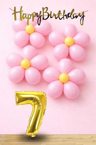 7 Yaş Pembe Sarı Papatya Temalı Gold Rakam Gold Happy Birthday Banner Doğum Günü Süsleme Altın - Pembe