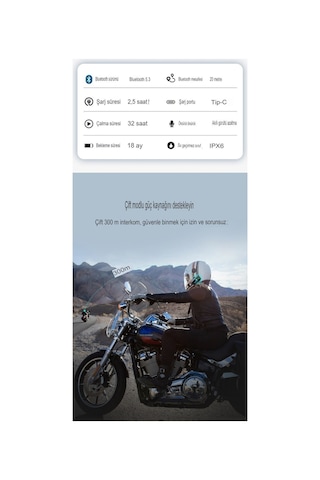 2 Intercom Bağlantılı Su Geçirmez Motosiklet Kask Bluetooth 5.3 300m Intercoom 2.000mah