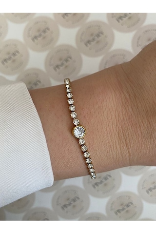 Pinery Jewels Oval Zirkon Taşlı Çelik Kararmaz Kelepçe Kadın Bileklik Altın