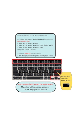 Apple Uyumlu MacBook Air Pro Klavye Kılıfı Us-tr Baskı A2681 A2941 A2442-85 A2779-80 A2992-18 A2991 Siyah