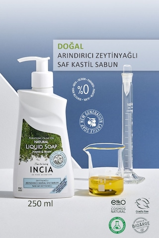 INCIA %100 Doğal Sıvı Kastil Sabunu Arındırıcı Zeytinyağlı 10 Bitkisel Değerli Yağ Vegan 250 ML