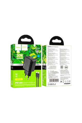 Hoco. Cs23a Sunlight 30w 1 Adet Type-c Ve 1 Adet Usb 3.0 Qc Çıkışlı Ekstra Type-c To Lightning Kablolu Pd Hızlı Şarj Aleti - Siyah