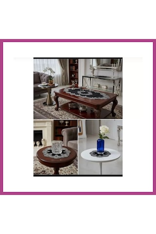 Gees Global Salon Takımı 5 Parça Velvet Kadife Dantelli Masa Örtüsü Runner Seti Elora Model No 3616- Siyah Gbzs