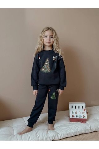 Kız Çocuk Yılbaşı Temalı 3 İplik Eşofman Takımı Lacivert