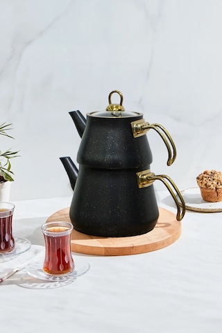 Yunusoğlu Home Siyah Granit Kaplama Cam Kapaklı Gold Kulplu Çayda Çelik