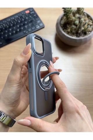 Apple Uyumlu iPhone 15 Standlı Ve Yüzüklü Magsafe Kılıf Soocase721 Gri