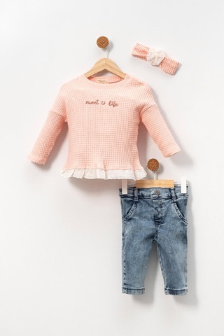 Dantel Detaylı Bandanalı Fırfırlı Yumuşak Doku Prenses 2'li Takım Şık Pembe