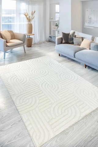 Siena Kendinden Desenli Peluş Kaymaz Taban Salon Halısı Mutfak Halısı Yolluk Ekru