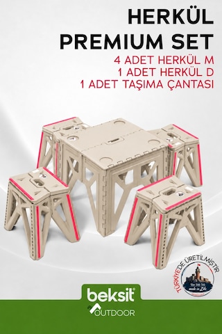 Outdoor Herkül Premium Katlanır Kamp Masa Takımı Seti-bej Çantalı Bej Bej