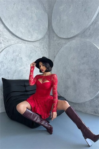 Kadın Bolero Detaylı Güpür Prenses Elbise Dpnbdf107 Kırmızı