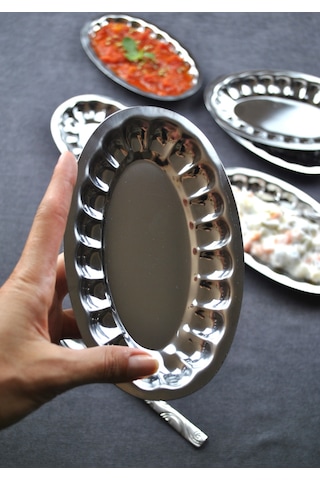 2'li Çelik Dilimli Küçük Kayık Tabak Dilimli Kayık Tabağı Mini Meze Kahvaltı Sunum Kase 18x11 Cm Çelik