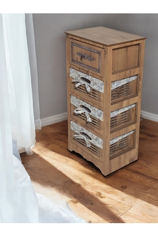 Ahşap 4 Çekmeceli Hasır Görünümlü Sebzelik Atlantik Çam
