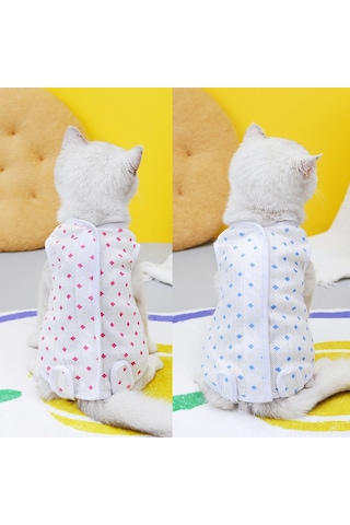 Hangfox Kedi Cerrahi Sonrası Giysi - Doğum Sonrası Kıyafet, Yalama Engeli, Sağlam Malzeme, Mavi Dört Yapraklı Çiçek Desenli