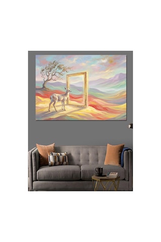 Çölde Kapıdan Geçen Beyaz Geyik Yağlı Boya Dokulu Kanvas Tablo Canvas Tablosu