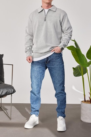Prtnc Protonic Erkek Polo Yaka Oversize Gri Sweatshirt Yarım Fermuar Sweatshirt Gri