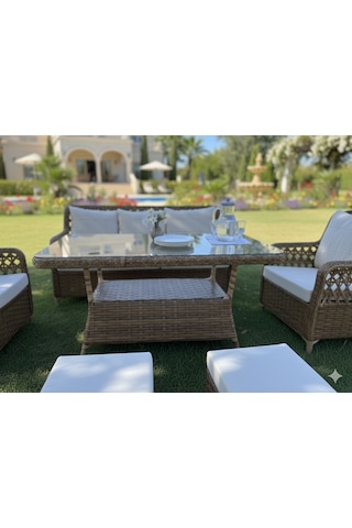 Mimoza Deluxe 7 Parça Rattan Villa Bahçe Takımı - Yemekli Oturma Seti Kahverengi