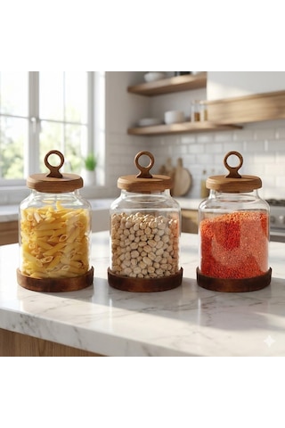 3&apos Lü Ring Serisi Akasya Kapaklı Ve Tabanlı Borosilikat Cam Kavanoz Seti - 1100 Ml Vakumlu Bakliyat Ve Kurabiye Saklama Kabı 20x11.5 Cm