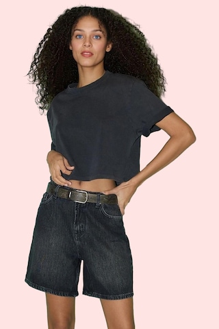 Ersefa Kadın Pamuk Denim Bermuda Şort Rahat Günlük Yaz Stilleri Modern T siyah