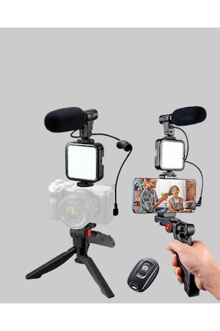 Video Çekim Kiti Tripod Led Işık Harici Mikrofon Ve Bluetooth Kumanda Seti Çok Renkli