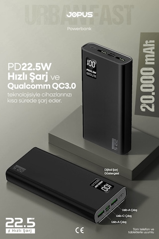 Jopus 20000mah Powerbank Pd 22.5w Hızlı Şarj - Dijital Ekranlı - Taşınabilir Şarj Cihazı Siyah