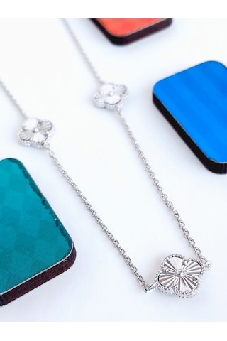 Aynalı Fransız Yonca Tasarım Kolye Küpe Gümüş Kadın Set