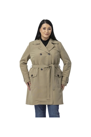Büyük Beden Kruvaze Kolu Bant Detaylı Cepli Kuşaklı Astarlı Çağla Yeşili Trençkot Çağla Yeşili