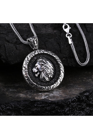 Otantik Motifli Zirkon Taşlı Gümüş Aslan Kolye Gümüş