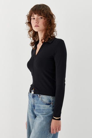 Polo Yaka Önden Gizli Fermuarlı Bluz Siyah Siyah