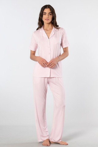 Türen Çizgili Kısa Kollu Gömlek Yaka Pijama Takımı Pembe