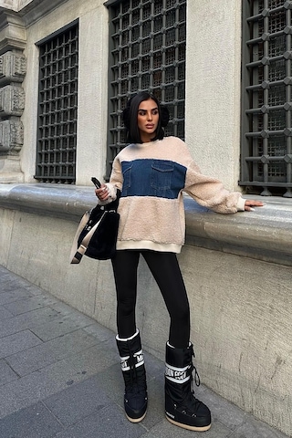 WeShaya Kadın Taş Polyester Bisiklet Yaka Uzun Kollu Sweatshirt Taş