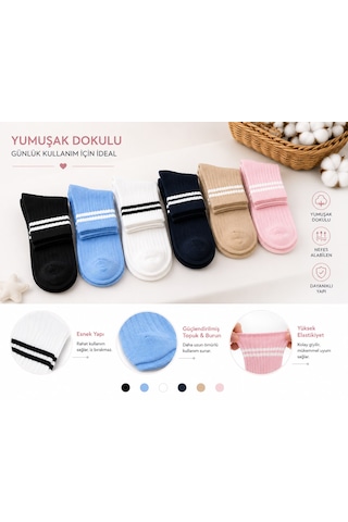 Ciho Socks Daily 6 Çift Çocuk %100 Pamuk Çizgili Tenis Okul Kolej Çorabı Pembe